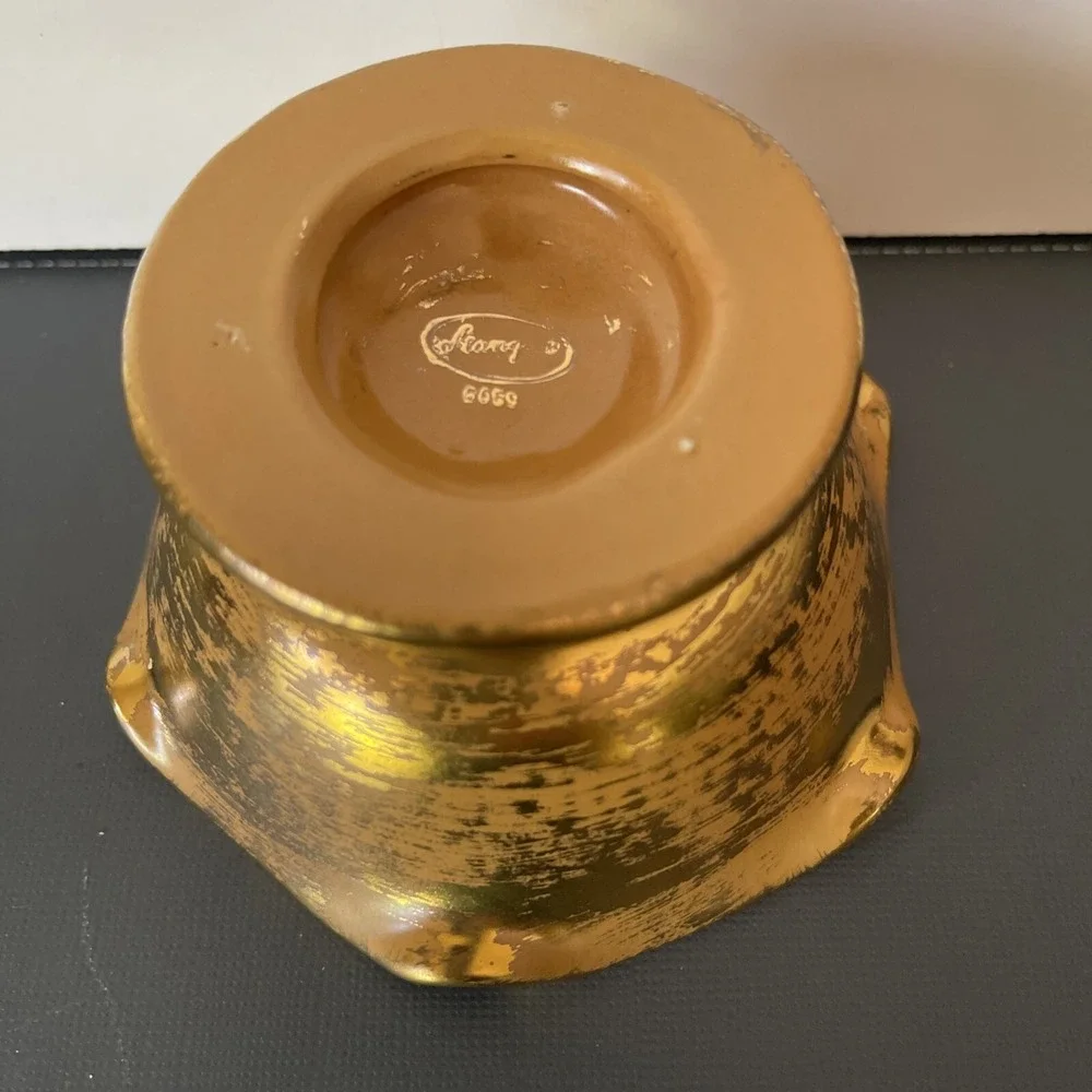 Vtg Stangel Art Pottery Candle Holder Candlestick Brush Gold Peach Coral Set 50s